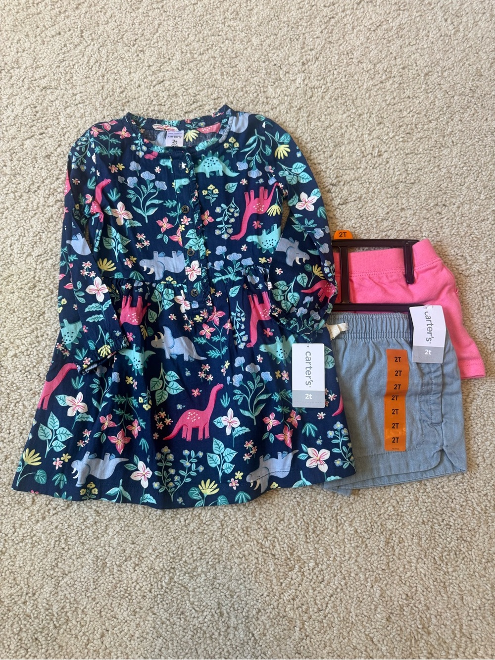 Bundle 3 pieces. Carters Dinosaur floral tunic Dress with Pink and denim Shorts